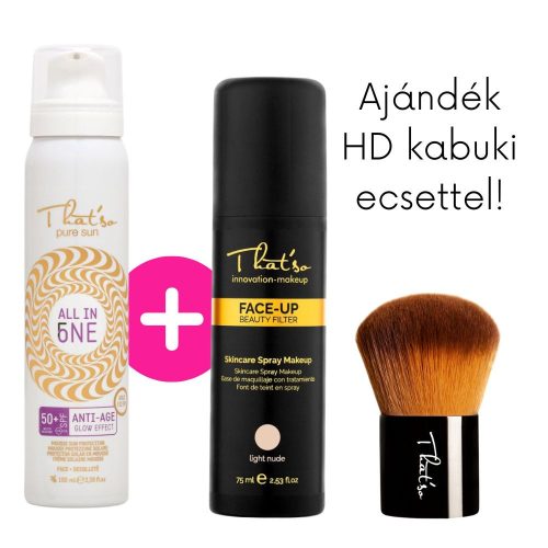 That'so - Face-Up Beauty Filter színezett szérum bőrkiegyenlítő alapozó spray Light Nude + SPF50+ fényvédő hab arcra AJÁNDÉK alapozó ecsettel